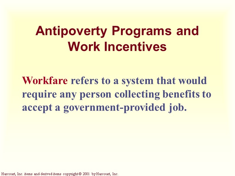 Antipoverty Programs and  Work Incentives Workfare refers to a system that would require